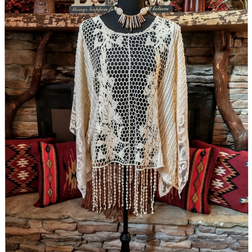 NWT Multiples Pullover Crochet and Lace Top With Fringe